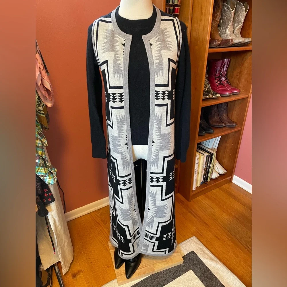 PH5 Monochrome Southwestern Print Open Duster Sweater Vest - Picture 2 of 7